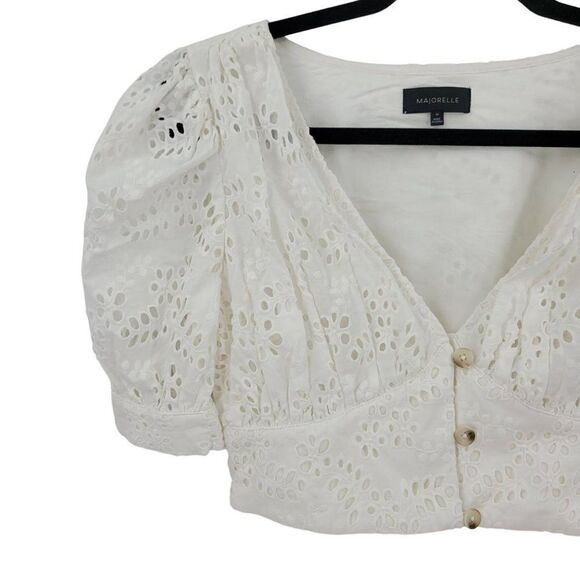 Majorelle Eyelet Krina Crop Top XS White Button Up Puff Sleeve Rockabilly Boho - Picture 7 of 15